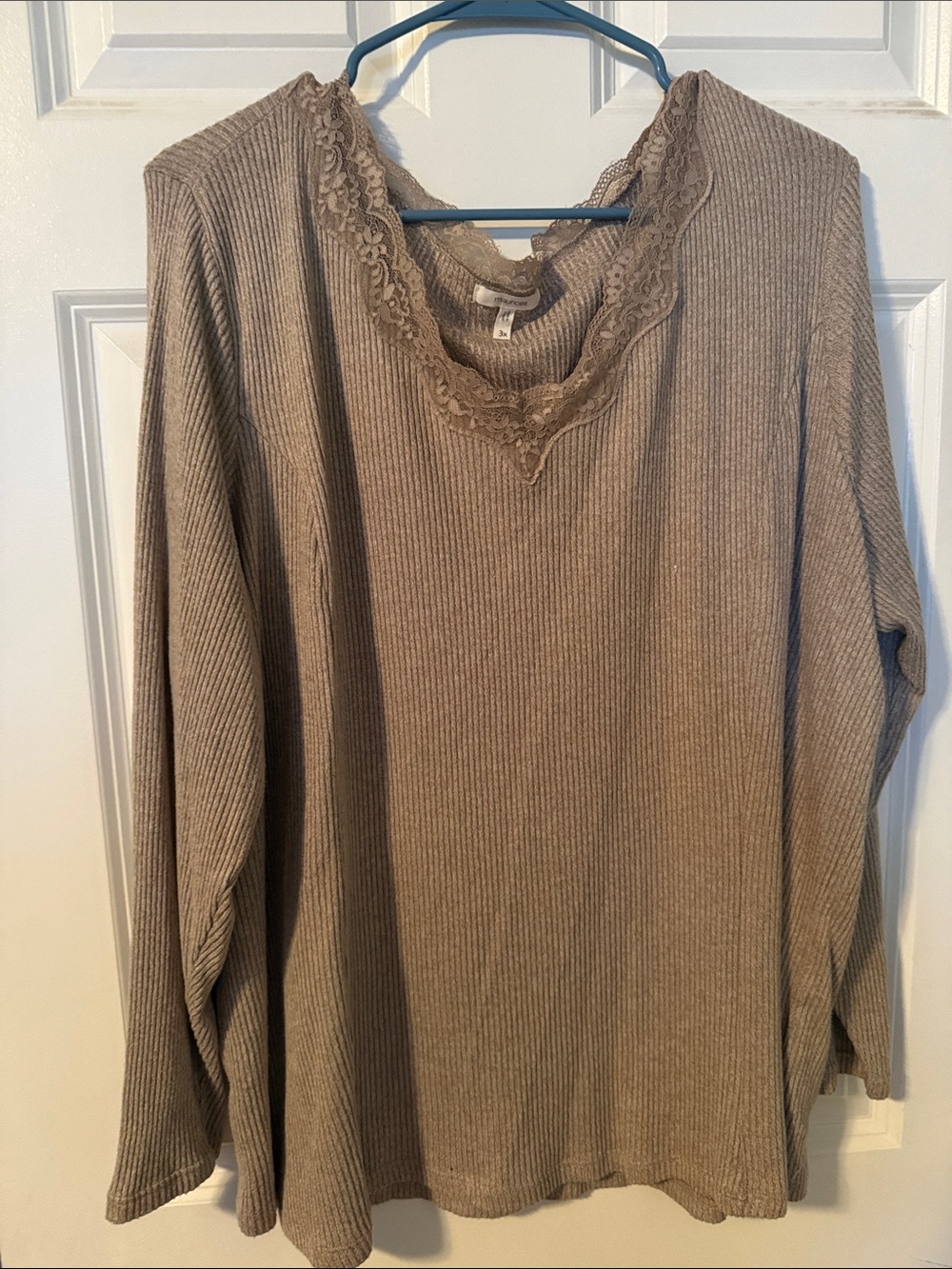 Maurices Taupe Ribbed Long Sleeve Top with Lace Trim